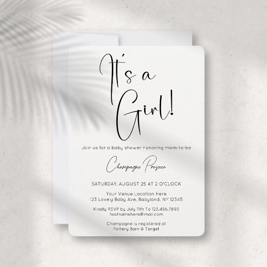 Het is een Girl Modern Script Baby shower Invitati Kaart