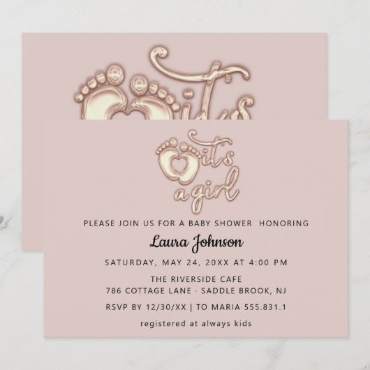 Het is een Girl New Baby Shower Roos Pink Heart Fe Kaart (Voorkant / Achterkant)