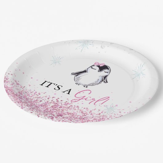 Het is een Girl Penguin Winter Baby shower Papieren Bordje (Gekanteld)