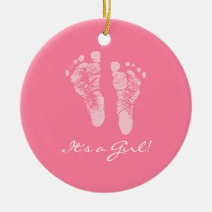 Het is een Girl Pink Baby Voetprint Aankondiging g Keramisch Ornament