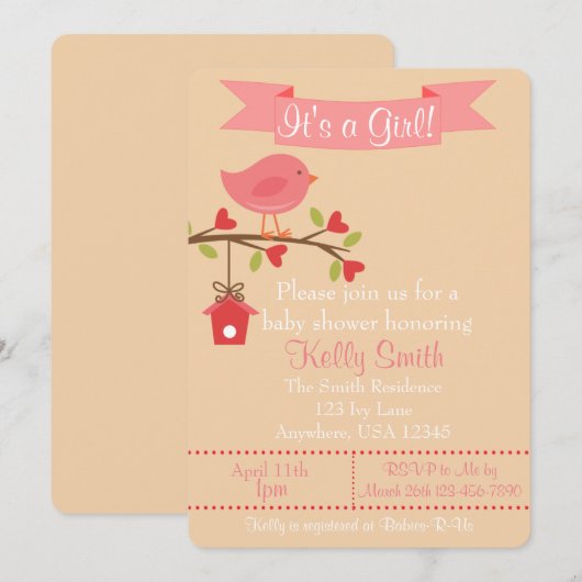 Het is een Girl Pink Bird Baby shower uitnodiging (Voorkant / Achterkant)