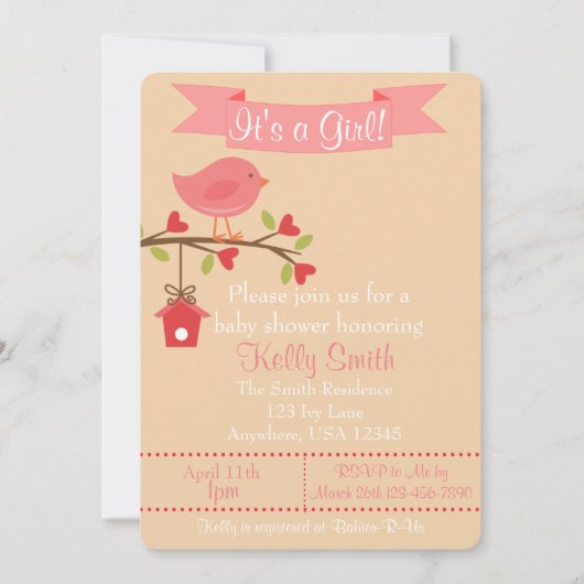 Het is een Girl Pink Bird Baby shower uitnodiging (Voorkant)