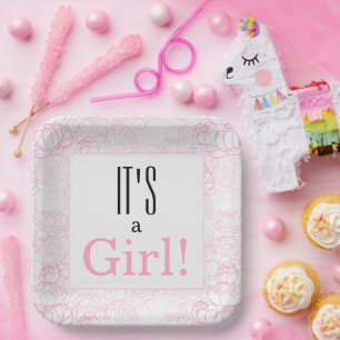 Het is een Girl Pink Floral Baby shower Papieren Bordje