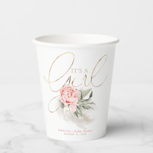 Het is een Girl Pink Floral Pampas Grass Baby show Papieren Bekers (Voorkant)