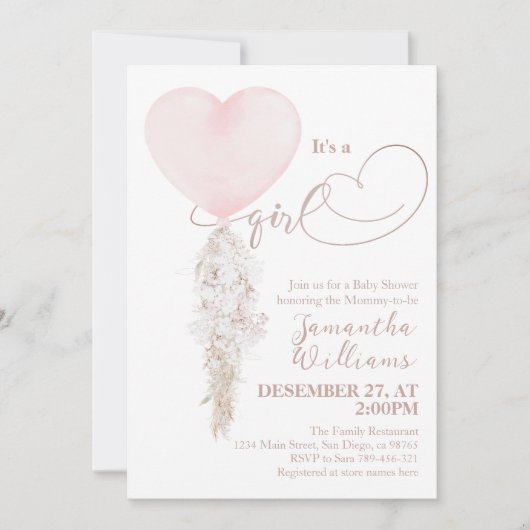 Het is een Girl Pink Heart Ballon Baby shower Kaart (Voorkant)