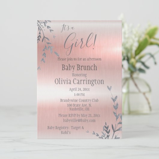 Het is een GIRL Pink Metallic Baby shower Brunch Kaart (Staand voorkant)