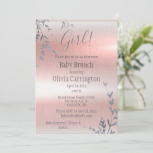 Het is een GIRL Pink Metallic Baby shower Brunch Kaart