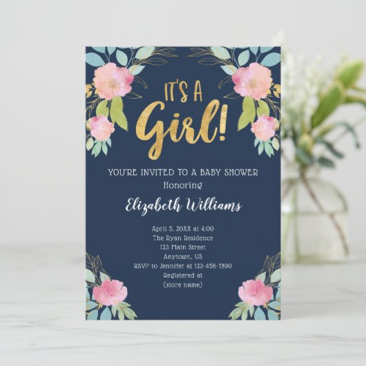 Het is een Girl Pink Navy Gold Waterverf Baby show Kaart (Staand voorkant)