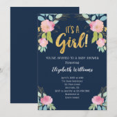 Het is een Girl Pink Navy Gold Waterverf Baby show Kaart (Voorkant / Achterkant)