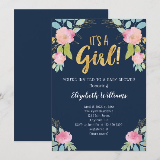 Het is een Girl Pink Navy Gold Waterverf Baby show Kaart (Voorkant / Achterkant)