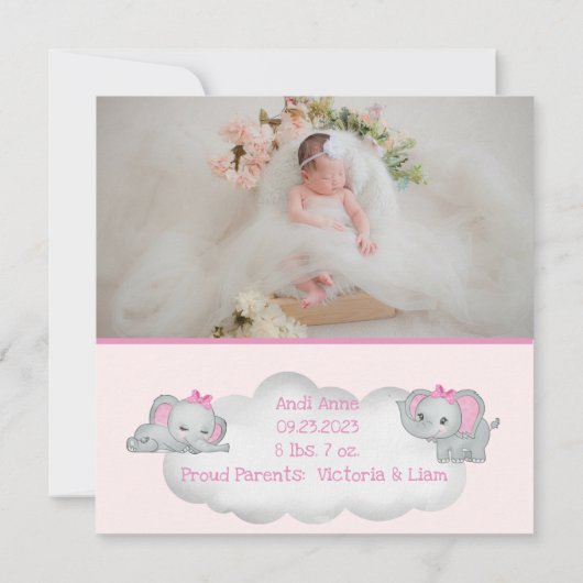 Het is een 'Girl Pink Photo Elephant Birth Announc (Achterkant)