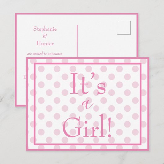 Het is een Girl Pink Polkadot Baby Gender onthulli Briefkaart (Voorkant / Achterkant)
