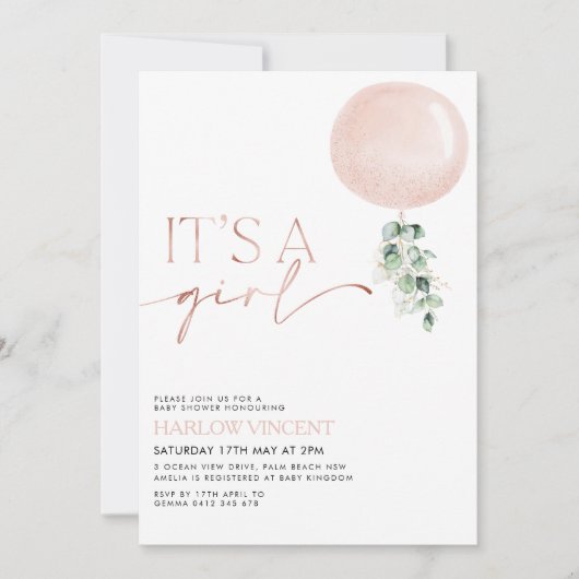 Het is een Girl Pink Rose Gold Baby shower Kaart (Voorkant)