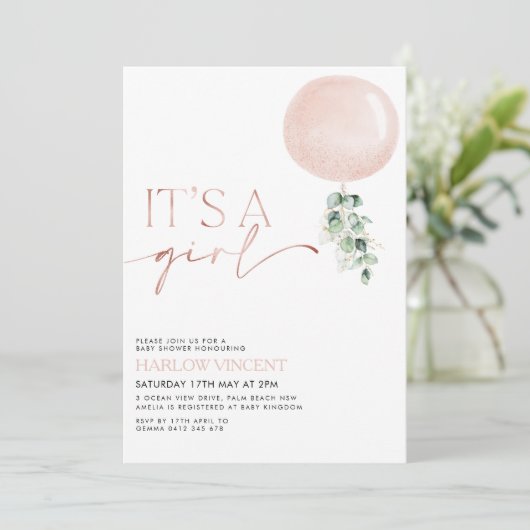 Het is een Girl Pink Rose Gold Baby shower Kaart (Staand voorkant)
