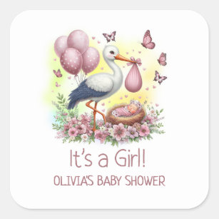 Het is een Girl Pink Stork Baby shower Vierkante Sticker