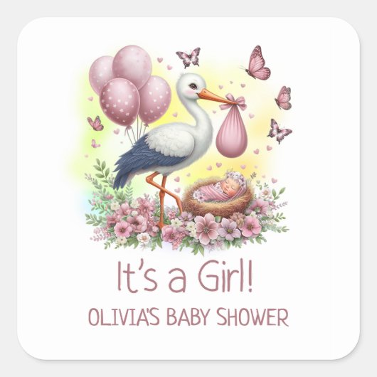 Het is een Girl Pink Stork Baby shower Vierkante Sticker (Voorkant)