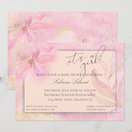 Het is een Girl Pink Waterverf Floral Baby shower Kaart (Voorkant / Achterkant)