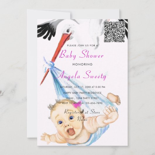 Het is een Girl QR Code Stork en Baby shower nodig (Voorkant)