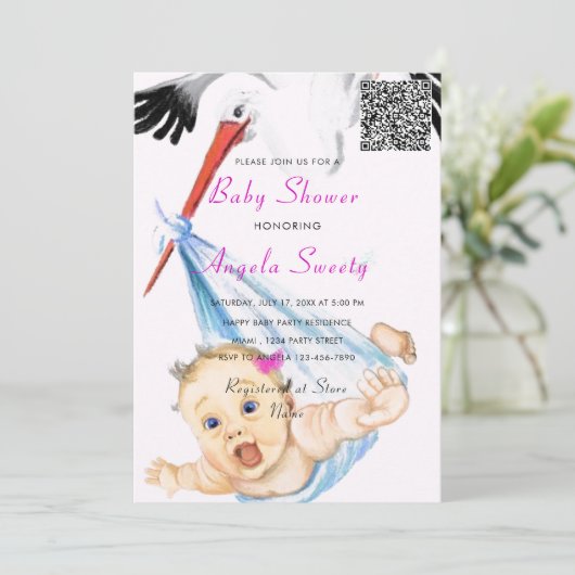 Het is een Girl QR Code Stork en Baby shower nodig (Staand voorkant)