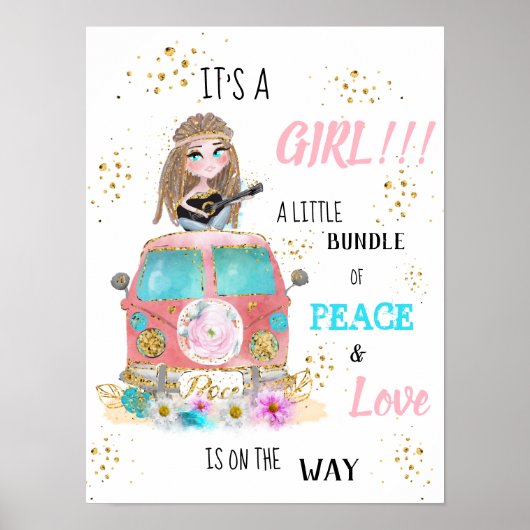 * Het is een GIRL Retro Hippie Baby shower Poster (Voorkant)