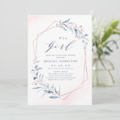 Het is een Girl roos Gold Blue Greenery Baby showe Kaart (Staand voorkant)