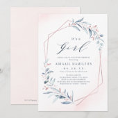 Het is een Girl roos Gold Blue Greenery Baby showe Kaart (Voorkant / Achterkant)