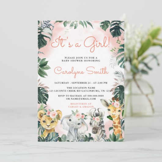 Het is een 'Girl Safari Animals' Baby shower Uitno Kaart (Staand voorkant)