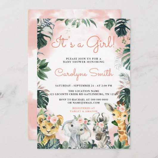 Het is een 'Girl Safari Animals' Baby shower Uitno Kaart (Voorkant / Achterkant)