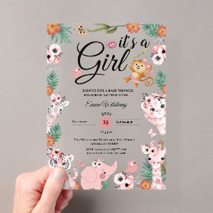 Het is een Girl Safari Girl Roze Baby Shower Jungl Acryl Uitnodigingen