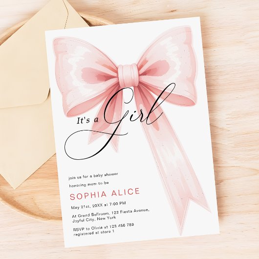 Het is een Girl Script Blush Pink Bow Baby shower Kaart
