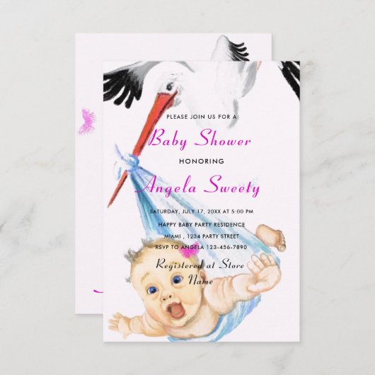 Het is een Girl Shower Invitation Stork die Baby v (Voorkant / Achterkant)