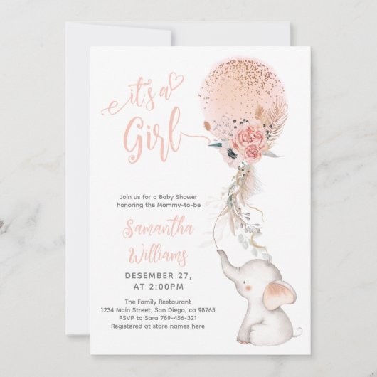 Het is een Girl Simple Elephant & Balloon Baby sho Kaart (Voorkant)