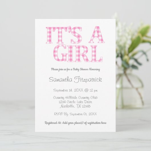Het is een Girl Simple Pink en White Baby shower Kaart (Staand voorkant)