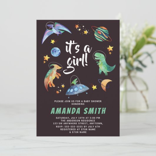 Het is een Girl Space Dinosaur Galaxy Baby shower Kaart (Staand voorkant)