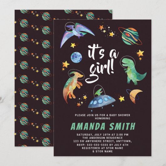 Het is een Girl Space Dinosaur Galaxy Baby shower Kaart (Voorkant / Achterkant)
