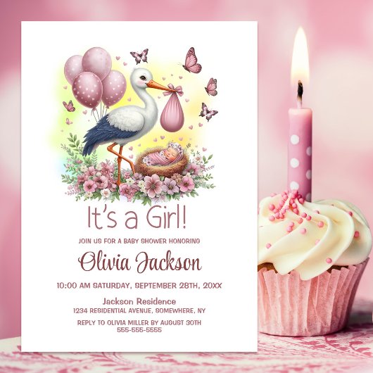 Het is een Girl Stork Baby shower Kaart
