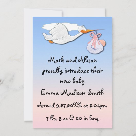 Het is een 'Girl Stork Birth' aankondiging (Achterkant)