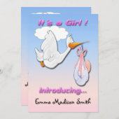 Het is een 'Girl Stork Birth' aankondiging (Voorkant / Achterkant)