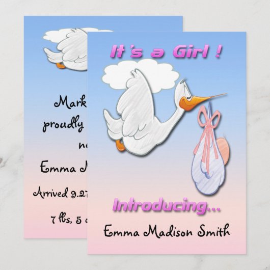Het is een 'Girl Stork Birth' aankondiging (Voorkant / Achterkant)