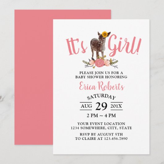 Het is een Girl Sunflower Deer Sweet Pink Baby sho Kaart (Voorkant / Achterkant)
