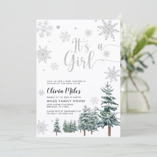Het is een Girl-uitnodiging, een zilveren winter-b Kaart (Staand voorkant)