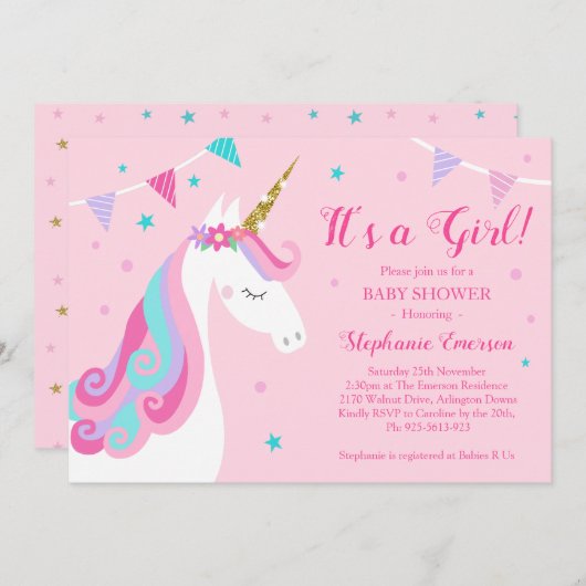 Het is een Girl Unicorn Baby shower Roze Kaart (Voorkant / Achterkant)