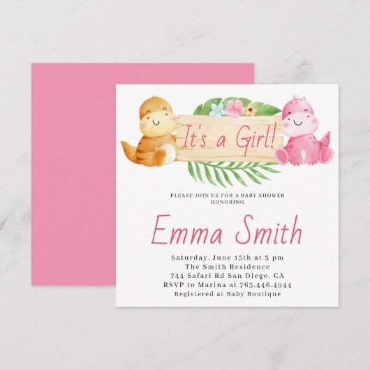 Het is een Girl Waterverf Dinosaur Baby shower Kaart (Voorkant / Achterkant)