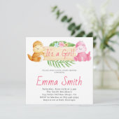 Het is een Girl Waterverf Dinosaur Baby shower Kaart (Staand voorkant)