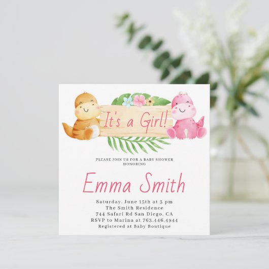 Het is een Girl Waterverf Dinosaur Baby shower Kaart (Staand voorkant)