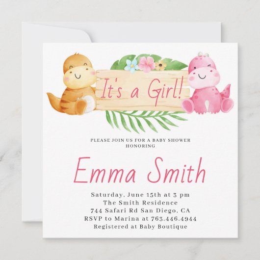 Het is een Girl Waterverf Dinosaur Baby shower Kaart (Voorkant)