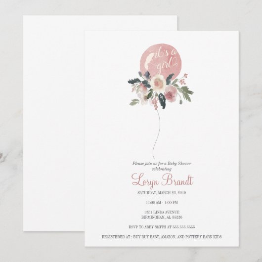 Het is een Girl Waterverf Floral Balloon Baby show Kaart (Voorkant / Achterkant)