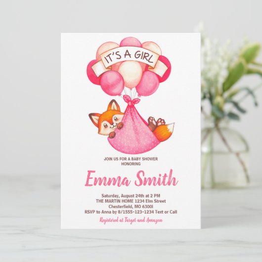 Het is een Girl Waterverf Fox Baby shower Uitnodig Kaart (Staand voorkant)