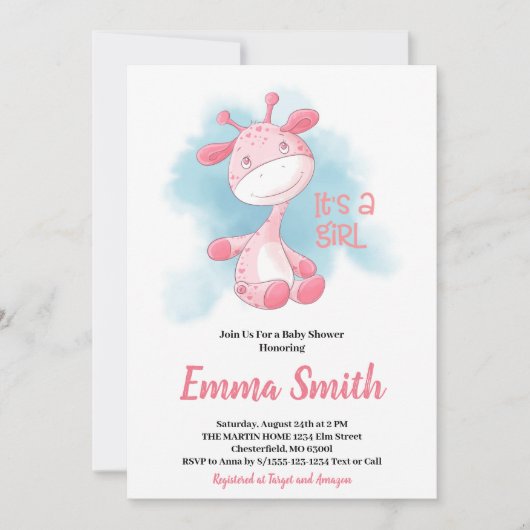 Het is een Girl Waterverf Giraffe Baby shower Invi Kaart (Voorkant)