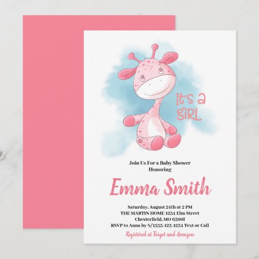 Het is een Girl Waterverf Giraffe Baby shower Invi Kaart (Voorkant / Achterkant)